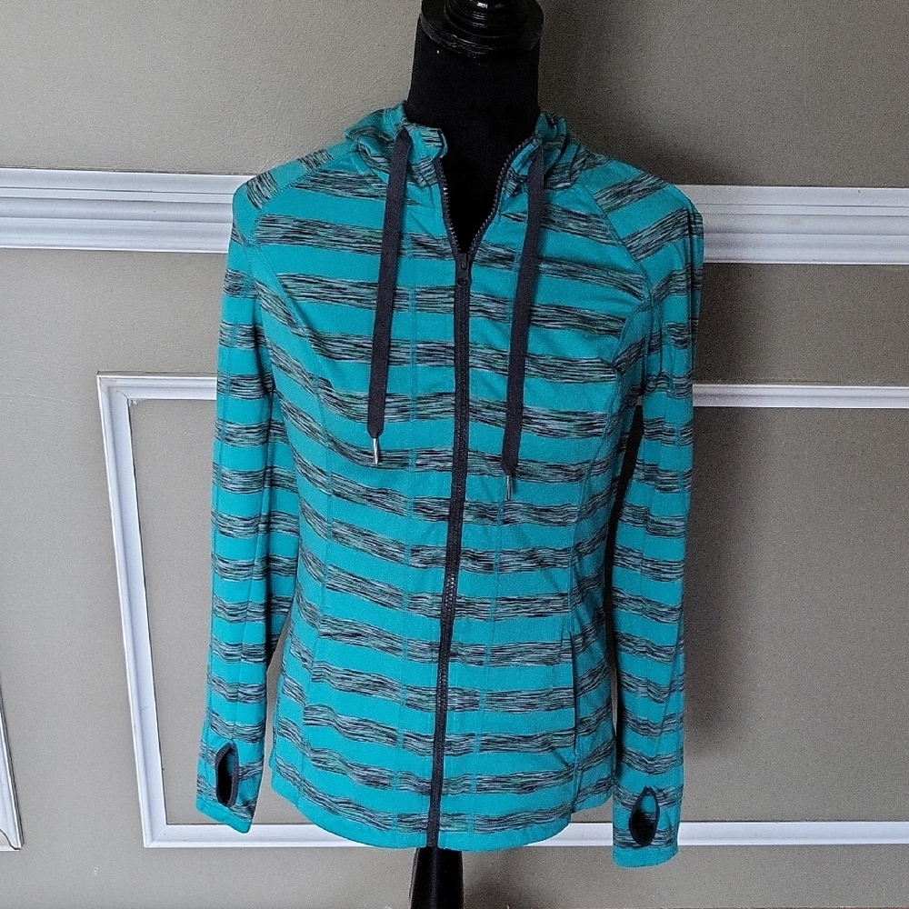 Lukka Teal and Gray Striped Utility Jacket Size Medium
